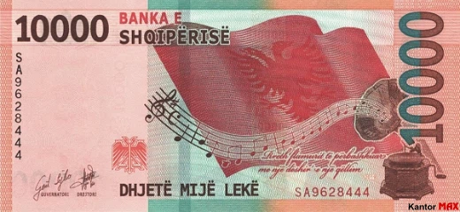 Die Rückseite der 10.000-albanischen Lek-Banknote 2021.