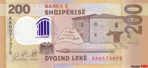 Die Rückseite der albanischen 200-Lek-Banknote 2019.