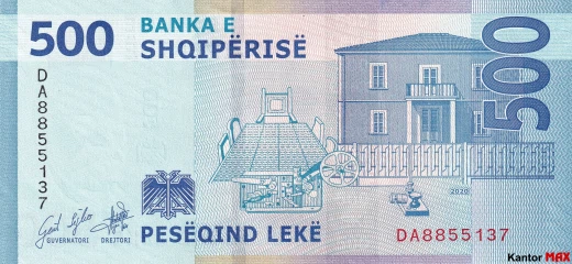 Die Rückseite der 500-albanischen Lek-Banknote aus dem Jahr 2022.