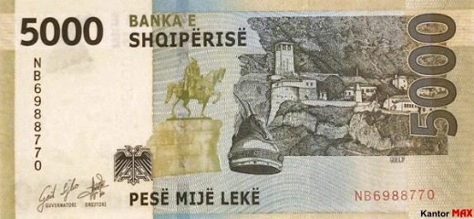 Die Rückseite der 5.000-albanischen Lek-Banknote von 2019.