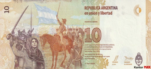 Die Rückseite der 10 argentinischen Peso-Banknote 2016