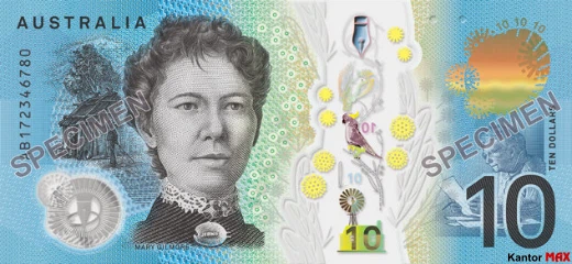Die Rückseite der 10-Australischen-Dollar-Banknote 2017