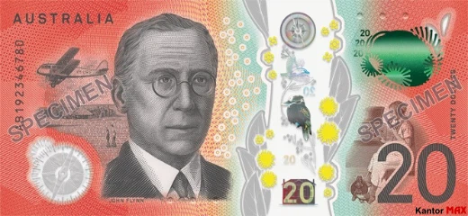Die Rückseite der 20-Dollar-Banknote des australischen Dollars 2019