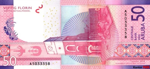 Die Rückseite der 50-Aruba-Florin-Banknote, Serie 2019