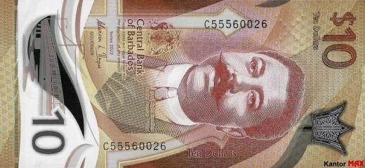 Vorderseite der Polymerbanknote der 10 Barbados Dollar Series 2022