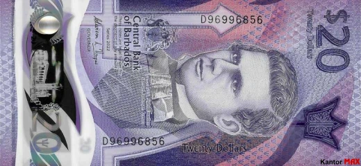 Vorderseite der 20-Barbados-Dollar-Polymerbanknote der Serie 2022