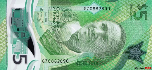 Vorderseite der Polymerbanknote der 5 Barbados Dollar Series 2022
