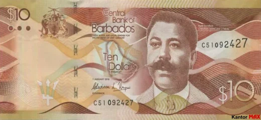 Vorderseite der Barbados-Dollar-Banknote der Serie 10 2013