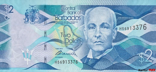 Vorderseite der 2-Barbados-Dollar-Banknote der Serie 2013