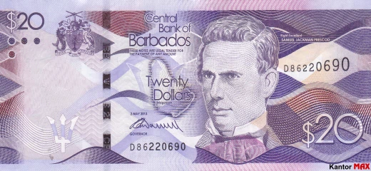 Vorderseite der 20-Barbados-Dollar-Banknote der Serie 2013