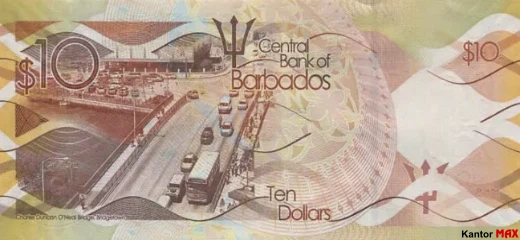Die Rückseite der 10-Barbados-Dollar-Banknote, Serie 2013