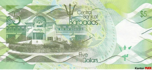 Die Rückseite der 5 Barbados-Dollar-Banknote der Serie 2013