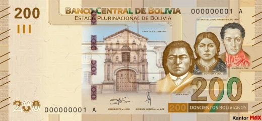 Vorderseite der 200-Boliviano-Banknote der Serie 1