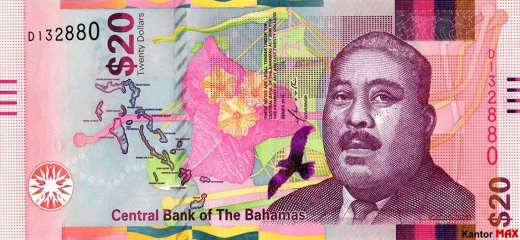 Přední strana bankovky v hodnotě 20 bahamských dolarů, série CRISP evolution