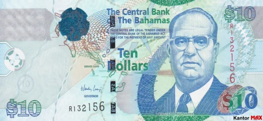 Die Vorderseite der 10-Bahama-Dollar-Banknote, CRISP-Serie