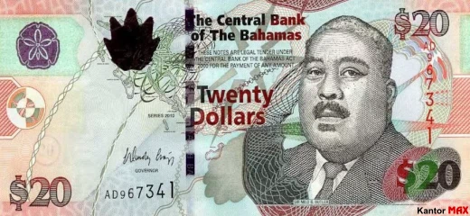 Die Vorderseite der 20-Bahama-Dollar-Banknote, CRISP-Serie