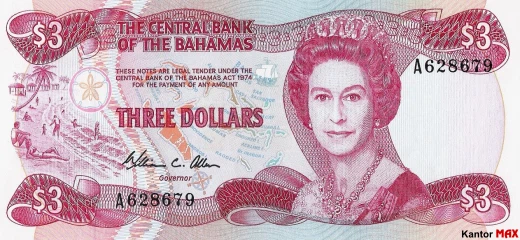 Vorderseite der 3 Bahama-Dollar-Banknote, CRISP-Serie
