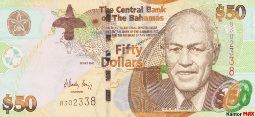 Die Vorderseite der 50-Bahama-Dollar-Banknote, CRISP-Serie