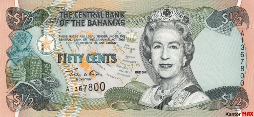 Die Vorderseite der 50 bahamaischen Cent-Banknote, CRISP-Serie