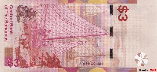 Die Rückseite der 3 Bahama-Dollar-Banknote, CRISP Evolution-Serie