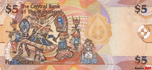 Die Rückseite der 5 Bahamas-Dollar-Banknote, CRISP-Serie