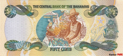 Die Rückseite der 50 bahamaischen Cent-Banknote, CRISP-Serie