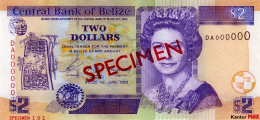 Vorderseite der 2-Dollar-Banknote der Serie 2003 aus Belize.