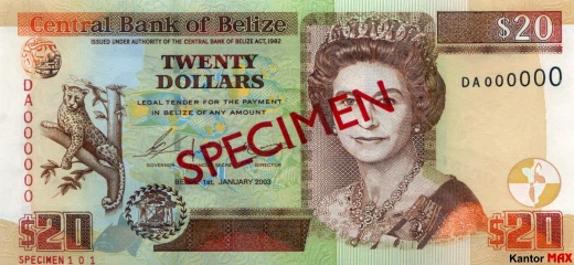 Vorderseite der 20-Dollar-Banknote der Serie 2003 aus Belize.