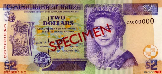 Vorderseite der 2-Dollar-Banknote der Serie 1998 aus Belize.