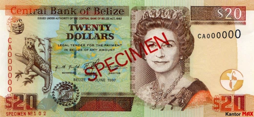 Vorderseite der 20-Dollar-Banknote von Belize, Serie 1998.