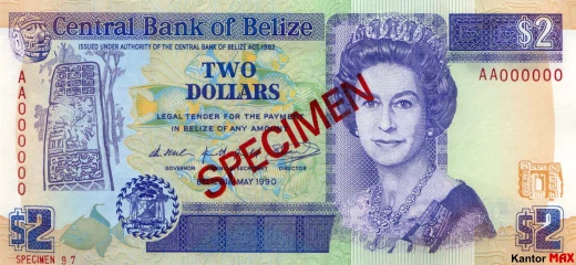 Vorderseite der 2-Dollar-Banknote der Serie 1990 aus Belize.
