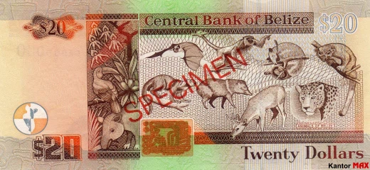 Rückseite der 20-Dollar-Banknote von Belize, Serie 1998.