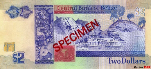 Rückseite der 2-Dollar-Banknote der Serie 1990 aus Belize.