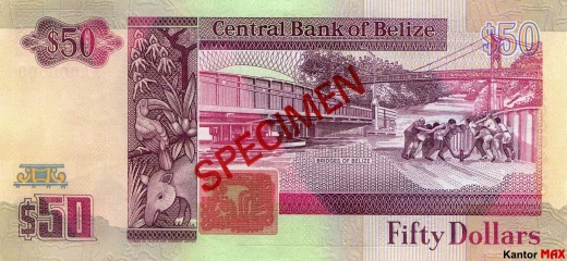 Die Rückseite der 50-Dollar-Banknote von Belize, Serie 1990.