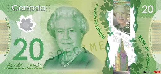 Vorderseite der 20-kanadischen Dollar-Banknote, ausgegeben im Jahr 2015.