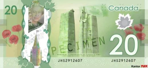 Die Rückseite der 20-kanadischen Dollar-Banknote aus dem Jahr 2015.