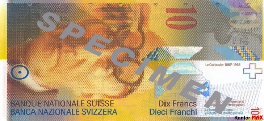 Przód banknotu 10 franków szwajcarskich 8 serii
