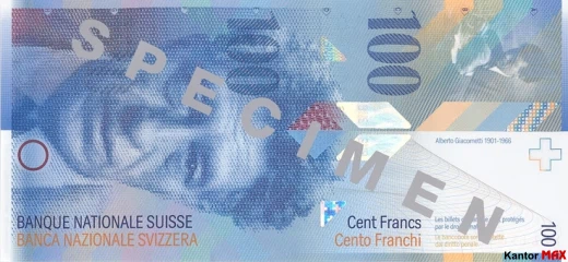 Przód wycofanego banknotu 100 franków szwajcarskich 8 serii