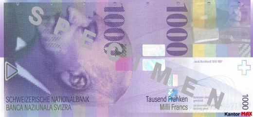 Przód banknotu 1000 franków szwajcarskich 8 serii