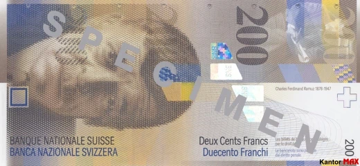 Przód banknotu 200 franków szwajcarskich 8 serii