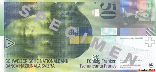 Przód banknotu 50 franków szwajcarskich 8 serii