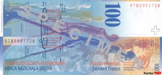 Tył wycofanego banknotu 100 franków szwajcarskich 8 serii