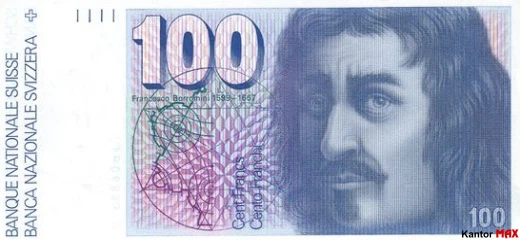 Przód wycofanych 100 franków szwajcarskich seria 6 edycja 4 października 1976 r.