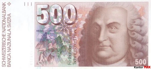 Przód wycofanych 500 franków szwajcarskich seria 6 edycja 4 kwietnia 1977 r.