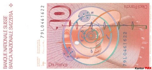 Tył wycofanych 10 franków szwajcarskich seria 6 edycja 5 listopada 1979 r.