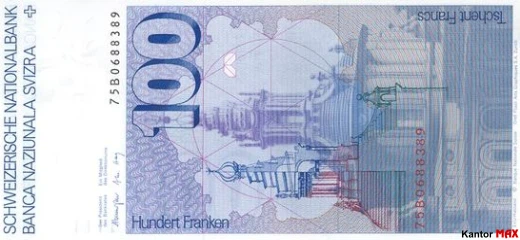 Tył wycofanych 100 franków szwajcarskich seria 6 edycja 4 października 1976 r.