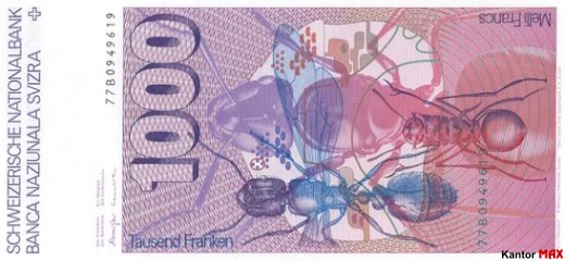 Tył wycofanych 1000 franków szwajcarskich seria 6 edycja 4 kwietnia 1978 r.