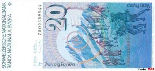 Tył wycofanych 20 franków szwajcarskich seria 6 edycja 4 kwietnia 1979 r.