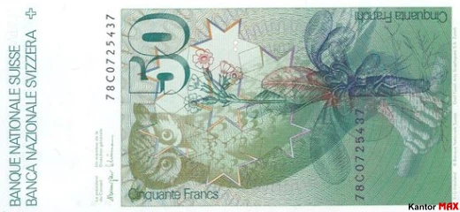 Tył wycofanych 50 franków szwajcarskich seria 6 edycja 4 października 1978 r.