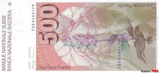 Tył wycofanych 500 franków szwajcarskich seria 6 edycja 4 kwietnia 1977 r.